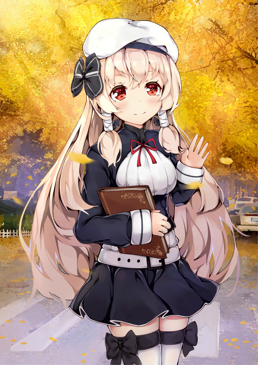 1girl black_bow black_jacket blonde_hair book bow chaser_(warship_girls_r) cowboy_shot female_focus hair_bow hat highres holding holding_book jacket long_hair long_sleeves looking_at_viewer outdoors red_eyes red_ribbon ribbon situmey smile solo standing thighhighs warship_girls_r white_hat