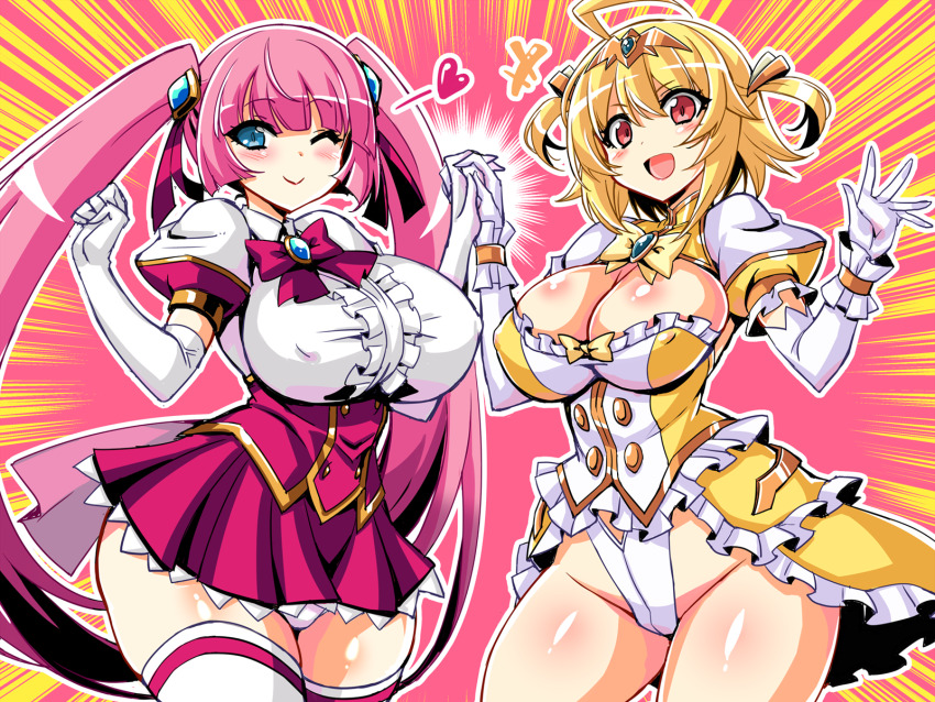amagi_nao arty_flare blonde_hair blue_eyes bow bowtie breasts cleavage corset elbow_gloves frills gloves hair_ribbon hand_to_hand hands_up hata_(transistor_baby) heart highleg highres impossible_clothes impossible_shirt layered_skirt magical_girl one_eye_closed original pink_hair pleated_skirt red_bow red_eyes ribbon shirt short_hair shrug_(clothing) skirt thighhighs ts_magical_girl_nao twintails two_side_up white_gloves white_thighhighs yellow_bow