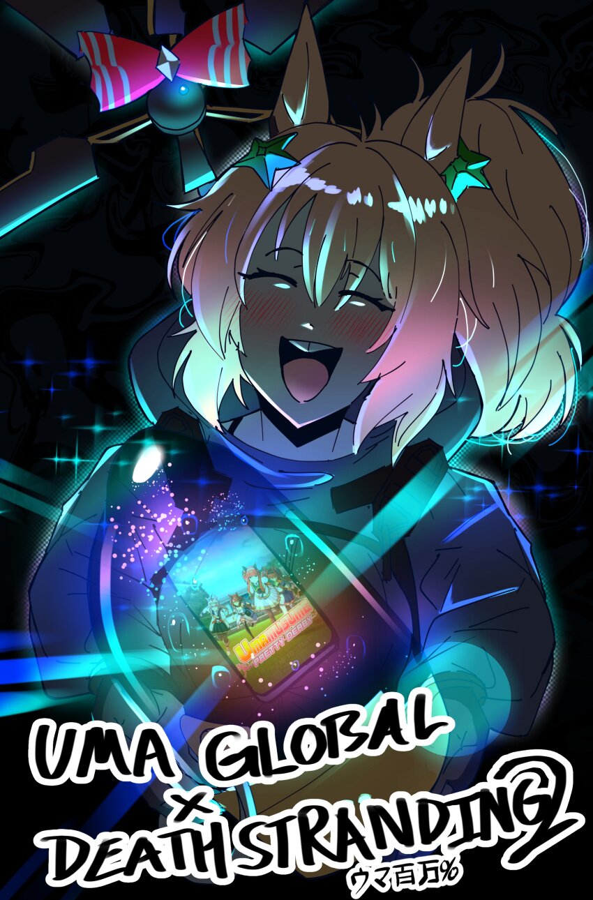 1girl :d absurdres animal_ears black_background blush bodysuit bow buck_teeth cellphone closed_eyes commentary cosplay daiwa_scarlet_(umamusume) date_connection death_stranding_2:_on_the_beach english_commentary grey_bodysuit hair_ornament high_ponytail highres horse_ears horse_girl medium_hair messy_hair oguri_cap_(umamusume) open_mouth peqq&#039;y_quodd&#039;y phone ponytail red_bow sam_porter_bridges sam_porter_bridges_(cosplay) silence_suzuka_(umamusume) smartphone smile solo star_(symbol) star_hair_ornament super_creek_(umamusume) taiki_shuttle_(umamusume) teeth umamusume upper_body