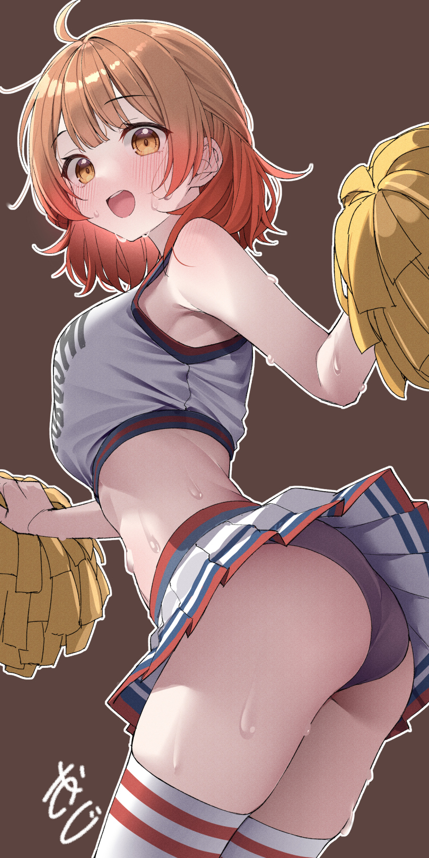 1girl :o absurdres ahoge alternate_costume armpits artist_name ass blush breasts brown_background brown_hair cheerleader cropped_shirt gakuen_idolmaster gradient_hair grey_pants hanami_ume highres holding holding_pom_poms idolmaster kawai_ritsu_(rits_meg) looking_at_viewer medium_breasts medium_hair midriff miniskirt multicolored_hair orange_hair outline pants pleated_skirt pom_pom_(cheerleading) pom_poms shirt signature simple_background skirt sleeveless sleeveless_shirt sweat teeth thighhighs upper_teeth_only upskirt white_outline white_thighhighs