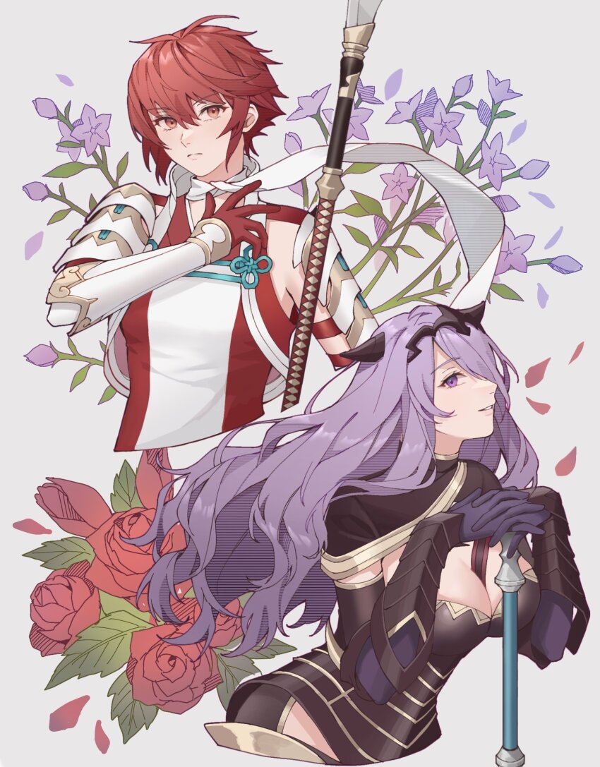 2girls ai_tkkm armor axe between_breasts black_armor black_gloves breasts camilla_(fire_emblem) cleavage closed_mouth commentary_request cropped_torso fake_horns fire_emblem fire_emblem_fates flower gauntlets gloves grey_background grin hair_between_eyes hair_ornament hair_over_one_eye highres hinoka_(fire_emblem) holding holding_axe holding_polearm holding_weapon horns interlocked_fingers japanese_armor japanese_clothes large_breasts leaf long_hair looking_at_viewer multiple_girls naginata nintendo one_eye_covered own_hands_together petals polearm purple_eyes purple_flower purple_hair red_eyes red_flower red_hair red_rose rose scarf short_hair simple_background smile spear wavy_hair weapon white_scarf