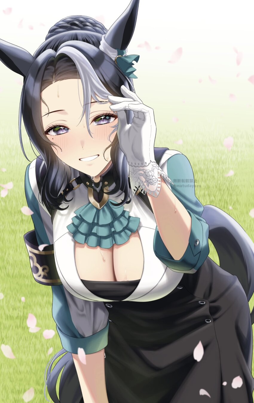 1girl animal_ears aqua_ascot ascot back_bow black_dress black_hair blush bow breasts cherry_blossoms cleavage commentary_request cowboy_shot day dress ear_ornament falling_petals frilled_dress frills gloves grass grin hair_bun highres horse_ears horse_girl horse_tail jacket leaning_forward long_sleeves looking_at_viewer matuda_(matudayazo) medium_breasts medium_hair mejiro_ramonu_(umamusume) mole mole_under_eye multicolored_hair outdoors petals single_glove smile solo streaked_hair sweat tail two-tone_hair umamusume white_gloves white_hair white_jacket