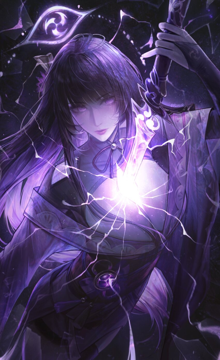 0ishur 1girl arm_up armor asymmetrical_sleeves blunt_bangs braid breasts bridal_gauntlets cleavage closed_mouth clothing_cutout electricity floating genshin_impact glowing gradient_background gradient_hair hair_ornament hashtag-only_commentary head_tilt highres holding holding_sword holding_weapon human_scabbard japanese_clothes katana kimono large_breasts long_braid long_hair mitsudomoe_(shape) mole mole_under_eye multicolored_hair musou_isshin_(genshin_impact) neck_ribbon no_pupils off_shoulder panties pink_lips purple_background purple_eyes purple_hair purple_kimono raiden_shogun red_ribbon red_sash ribbon sash shoulder_armor shoulder_cutout simple_background single_braid solo sword thick_lips thighs tomoe_(symbol) underwear uneven_sleeves weapon wide_sleeves