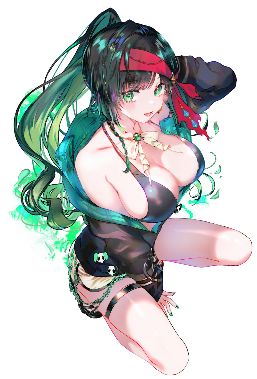 1girl bandana bikini bikini_top_only black_bikini black_jacket black_sandals blush bow bowtie breasts brooch cersea_soulstorm cleavage dolphin_shorts full_body gem green_eyes green_gemstone green_hair green_nails hair_ornament highres chromashift jacket jewelry kneeling large_breasts long_hair long_sleeves looking_at_viewer mole mole_under_mouth nail_polish open_mouth ponytail red_bandana sandals shorts smile solo sowon swimsuit symbol-shaped_pupils thigh_strap toenail_polish toenails transparent_background very_long_hair virtual_youtuber white_bow white_bowtie white_shorts