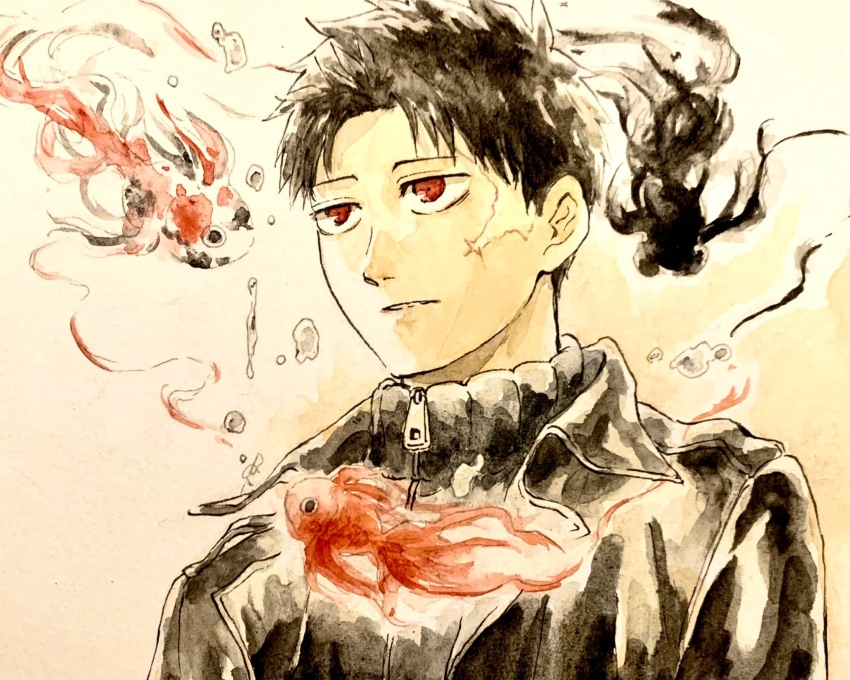 1boy black_hair black_shirt fish goldfish highres kagurabachi male_focus nnararagi red_eyes rokuhira_chihiro scar scar_on_face shirt solo upper_body zipper