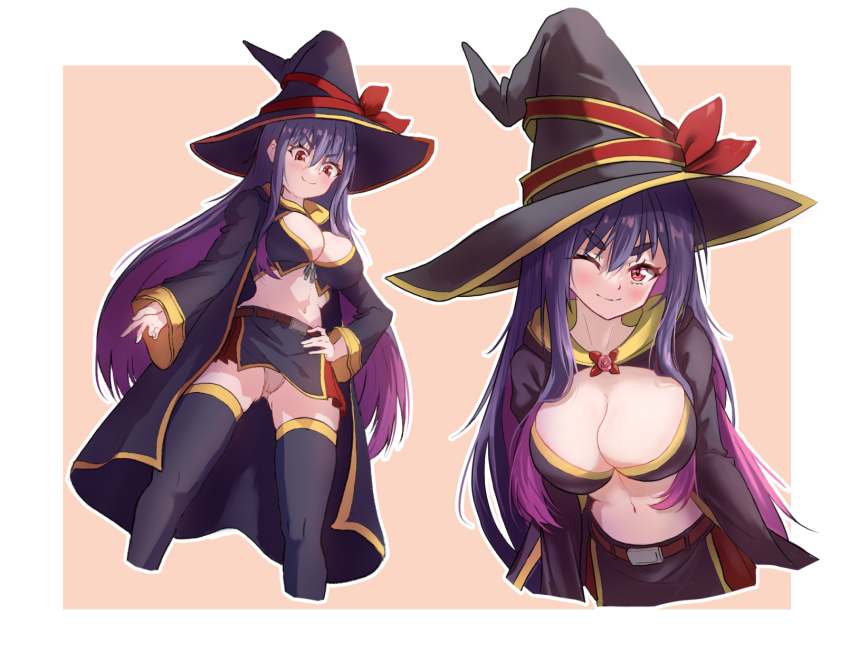 1girl black_coat black_hat black_skirt black_thighhighs black_vest border breasts cleavage coat cowboy_shot hat highres idola_avorn large_breasts long_hair midriff moi_hsin multicolored_hair multiple_views navel one_eye_closed panties pink_background purple_eyes purple_hair sentai_red_ga_isekai_de_boukensha_ni_naru simple_background skirt smile thighhighs two-tone_hair underwear upper_body vest white_border white_panties witch_hat