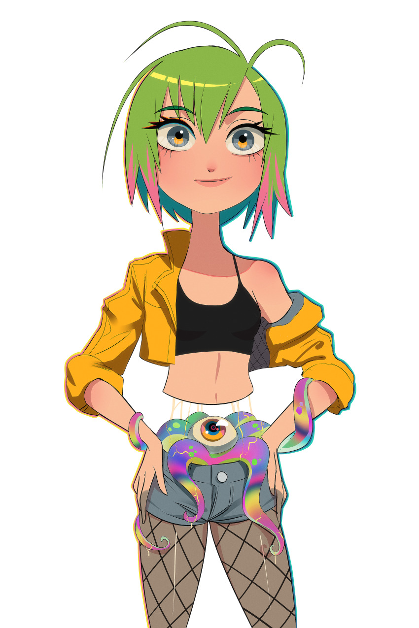 1girl absurdres bifurcation black_camisole blue_eyes blue_shorts breasts camisole commentary cowboy_shot crop_top cropped_jacket detached_legs extra_eyes fishnet_pantyhose fishnets green_hair highres jacket midriff multicolored_hair mz09 off_shoulder orange_eyes original pantyhose pink_hair short_shorts shorts small_breasts solo tentacles two-tone_hair yellow_jacket
