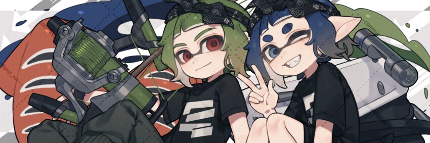 1boy 1girl black_hairband black_shirt bloblobber_(splatoon) blue_eyes blue_hair bow_(weapon) closed_mouth commission film_grain green_hair green_pants grin hairband hand_up highres holding holding_bow_(weapon) holding_weapon inkling inkling_boy inkling_girl inkling_player_character looking_at_viewer nintendo one_eye_closed pants pointy_ears prat_rat red_eyes shirt short_hair short_sleeves smile splatoon_(series) splatoon_3 t-shirt tentacle_hair thick_eyebrows tri-stringer_(splatoon) w watermark weapon