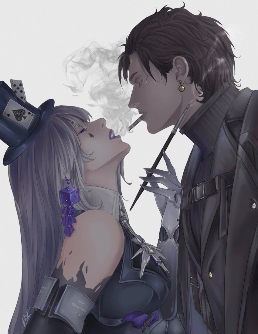 1boy 1girl black_gloves black_hair black_headwear black_jacket cigar cigarette cigarette_holder cube_earrings cylinder earrings elbow_gloves elizkras facial_tattoo gloves grey_hair highres jacket jewelry kiseru lilith_(pgr) long_hair looking_at_viewer mechanical_arms pearl_earrings poker punishing:_gray_raven purple_lips short_hair single_mechanical_arm smoking smoking_pipe spade_(shape) tattoo vonnegut_(pgr)