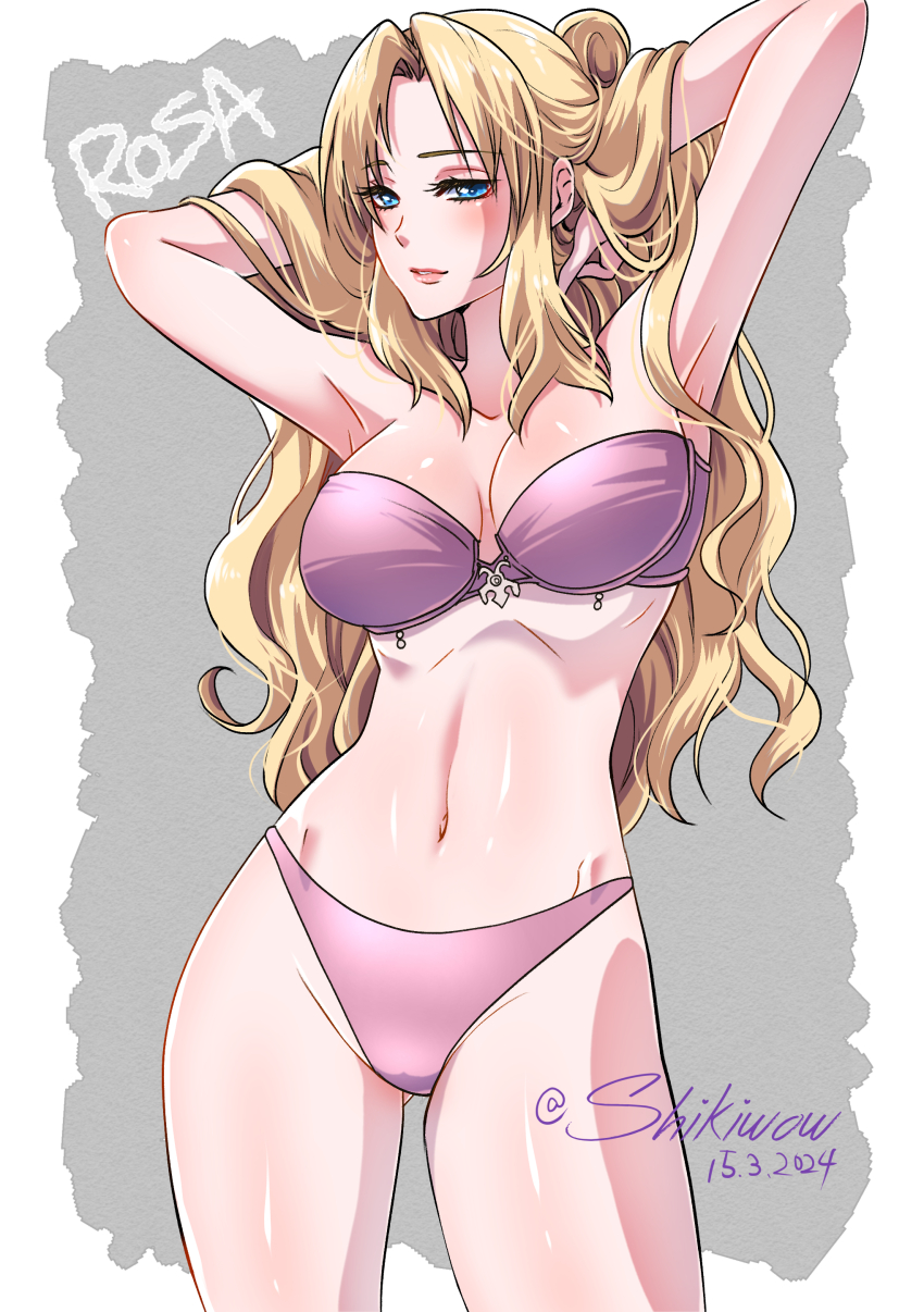 1girl absurdres blonde_hair blue_eyes blush bra breasts character_name dated final_fantasy final_fantasy_iv hands_in_own_hair highres lips long_hair looking_at_viewer medium_breasts midriff navel panties purple_bra purple_panties rosa_farrell seductive_smile shikiwo signature smile solo underwear upper_body