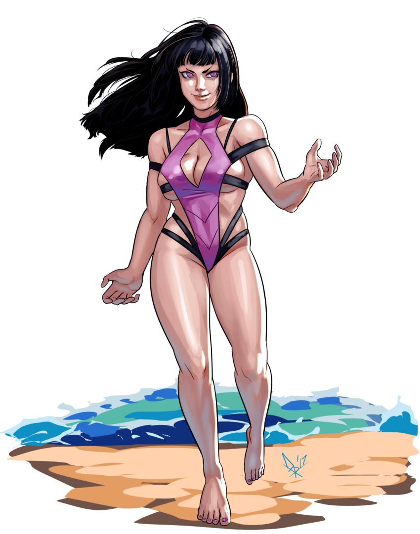 barefoot black_hair breasts cleavage cleavage_cutout clothing_cutout diepod full_body hair_down han_juri highres nail_polish one-piece_swimsuit purple_eyes smile solo street_fighter swimsuit toenail_polish toenails