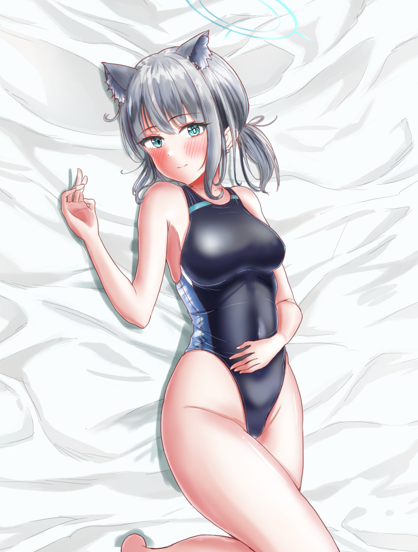 1girl animal_ear_fluff animal_ears black_one-piece_swimsuit blue_archive blue_eyes breasts charomi competition_swimsuit covered_navel cowboy_shot cross_hair_ornament extra_ears grey_hair hair_ornament halo highres low_ponytail lying medium_breasts medium_hair mismatched_pupils multicolored_swimsuit one-piece_swimsuit ponytail shiroko_(blue_archive) shiroko_(swimsuit)_(blue_archive) solo swimsuit