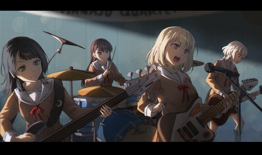 4girls absurdres bang_dream! bang_dream!_it&#039;s_mygo!!!!! black_hair blonde_hair brown_dress brown_hair closed_mouth commentary dress drumsticks bass_guitar electric_guitar english_commentary guitar hanasakigawa_school_uniform highres holding holding_drumsticks holding_guitar holding_instrument holding_plectrum instrument kaname_raana letterboxed long_hair long_sleeves medium_hair misumi_uika mole mole_under_eye multiple_girls music open_mouth pearl_drums playing_bass_guitar playing_guitar playing_instrument plectrum purple_eyes raito_taisha sailor_collar sailor_dress school_uniform shiina_taki short_hair teeth upper_teeth_only white_hair white_sailor_collar yahata_umiri yellow_eyes