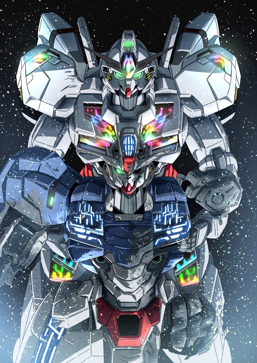 absurdres carrying commentary damaged glowing green_eyes gundam gundam_aerial_rebuild gundam_calibarn gundam_suisei_no_majo highres light_particles looking_at_viewer mecha mobile_suit no_humans robot science_fiction tyuuboutyauyo upper_body v-fin