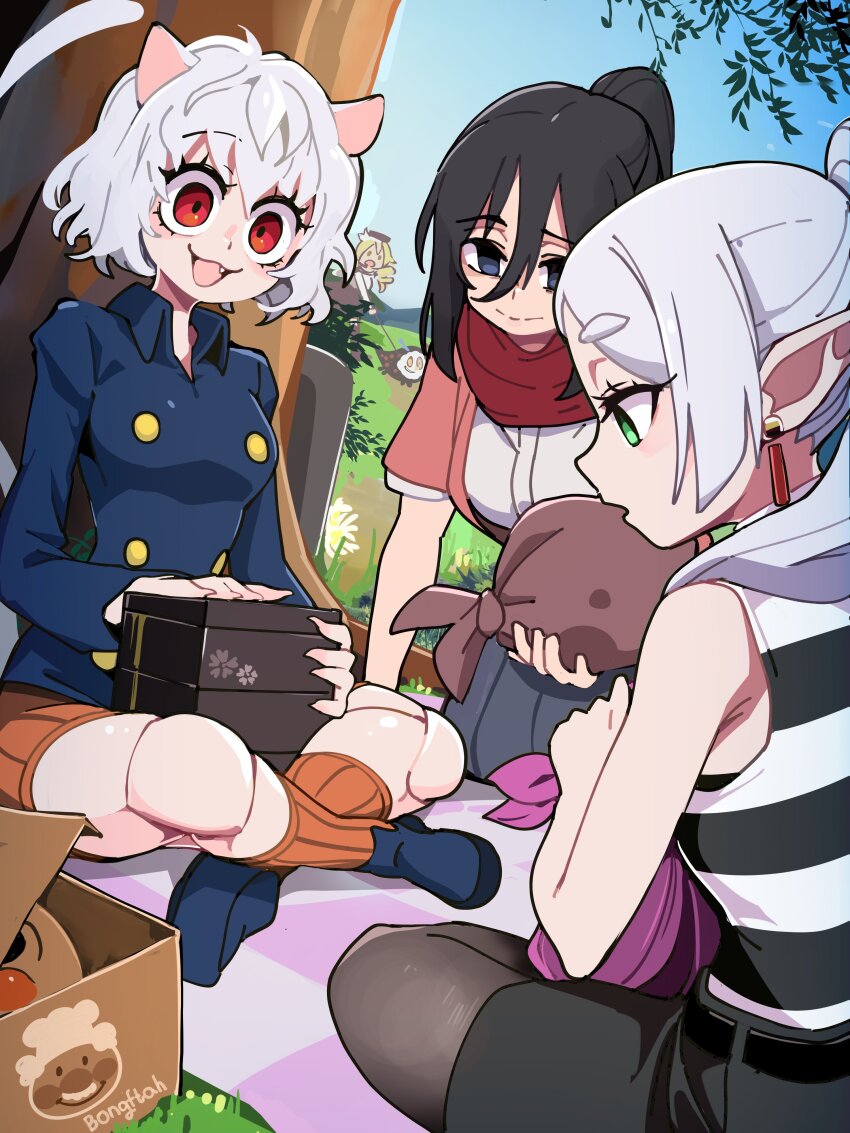 1boy 4girls absurdres anpanman anpanman_(character) bare_shoulders black_shirt bongfill commentary crossover elf frieren grass green_eyes grey_hair group_picture highres hunter_x_hunter long_hair mahou_shoujo_madoka_magica mikasa_ackerman multiple_girls neferpitou outdoors picnic pointy_ears red_eyes shingeki_no_kyojin shirt short_hair sousou_no_frieren symbol-only_commentary tomoe_mami