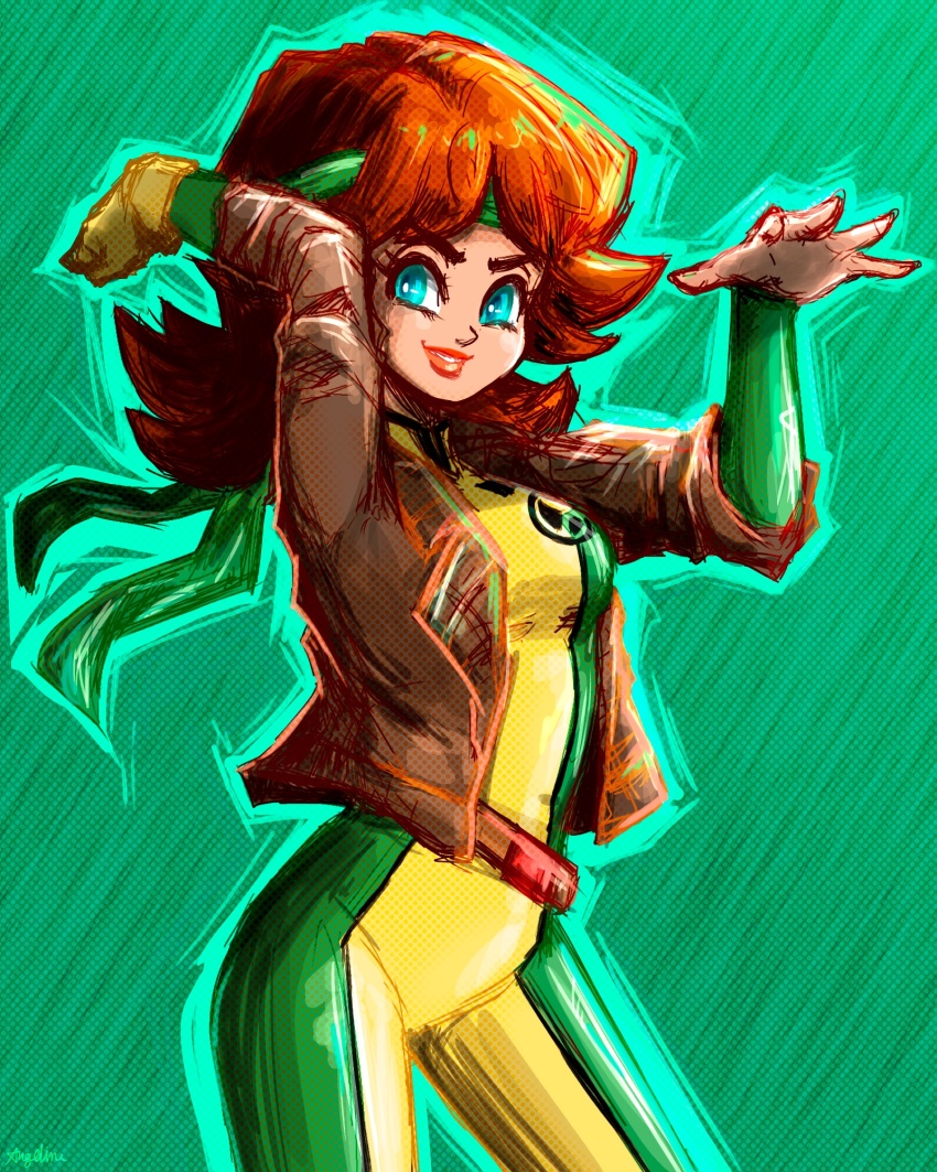 1girl artycomicfangirl blue_eyes cosplay crossover gloves grin headband jacket lipstick looking_at_viewer makeup mario_(series) marvel nintendo princess_daisy red_hair rogue_(x-men) smile standing super_mario_land tomboy x-men