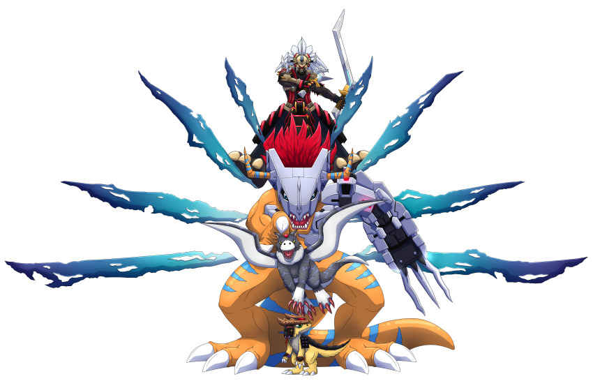 absurdres armor digimon digimon_(creature) dorugamon dragon evolutionary_line gaioumon highres horns long_hair metalgreymon_x-antibody ryudamon tail tyrannosaurus_rex white_hair wings