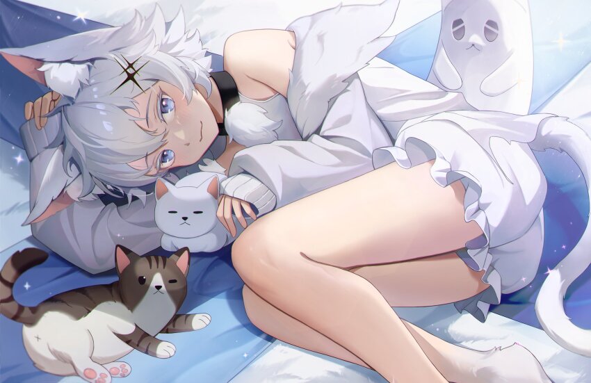 1girl alchemy_stars animal_ear_fluff animal_ears animal_feet bare_shoulders bloomers blue_eyes blush cat cat_ears cat_tail closed_mouth collar feet_out_of_frame fur-trimmed_jacket fur_trim highres jacket long_sleeves lying musicfox_dj off_shoulder on_side philyshy_(alchemy_stars) philyshy_(sweet_dreams)_(alchemy_stars) shirt short_hair sleeveless sleeveless_shirt sleeves_past_wrists smile solo sparkle stuffed_toy tail underwear white_hair white_jacket x_anus