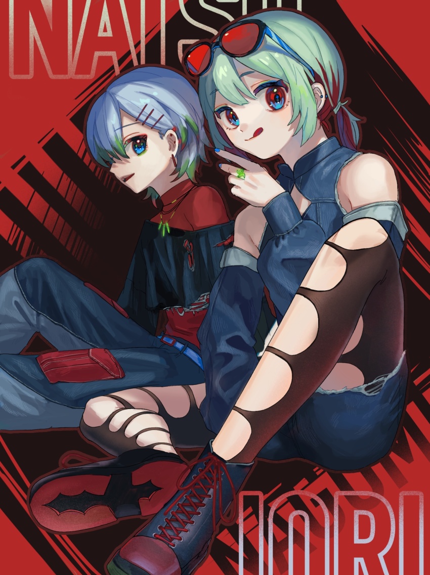 2girls artist_name belt between_legs black_pantyhose black_shirt blue_belt blue_eyes blue_hair blue_nails blue_pants blue_shorts blue_sleeves character_name colored_tips commentary_request cropped_shirt denim denim_shorts detached_sleeves ear_piercing eyewear_on_head glowing_jewelry green_hair hair_ornament hair_over_one_eye hairclip hand_between_legs hand_up highres jewelry knee_up licking_lips light_blue_hair long_sleeves looking_at_viewer looking_to_the_side low_ponytail multicolored_hair multiple_girls nagomi_(_nagomi_) nail_polish necklace original pants pantyhose parted_lips piercing ponytail red-tinted_eyewear red_background red_shirt ring shirt shoelaces shoes short_hair short_ponytail shorts single_off_shoulder sitting sleeveless sunglasses tinted_eyewear tongue tongue_out torn_clothes torn_pantyhose torn_shirt