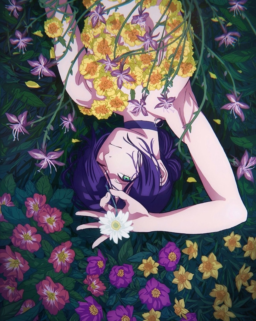 1girl chainsaw_man choker commentary flat_chest flower flower_censor green_eyes highres holding holding_flower monhshur_r nude one_eye_closed purple_choker purple_hair reze_(chainsaw_man) solo upper_body upside-down