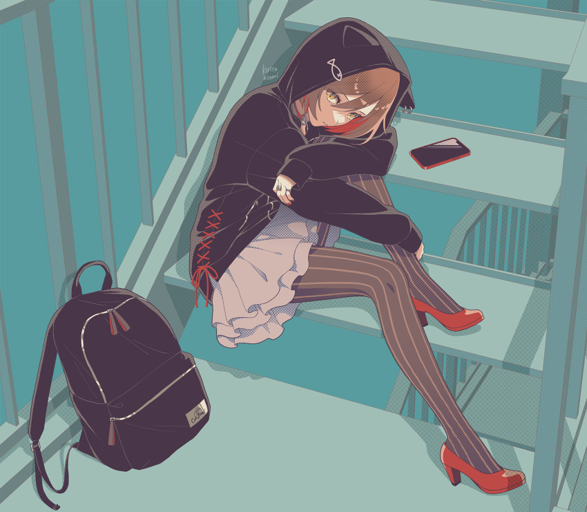 1girl animal_hood arm_around_leg artist_name backpack bag brown_hair cat_food_(vocaloid) cat_hood cellphone collar frilled_skirt frills high_heels highres hood hood_up hoodie jewelry kirita_asami looking_at_viewer meiko_(vocaloid) nail_polish outdoors pantyhose pet_food phone pinstripe_legwear pinstripe_pattern red_nails ring short_hair sitting skirt slit_pupils solo stairs striped vocaloid white_skirt yellow_eyes
