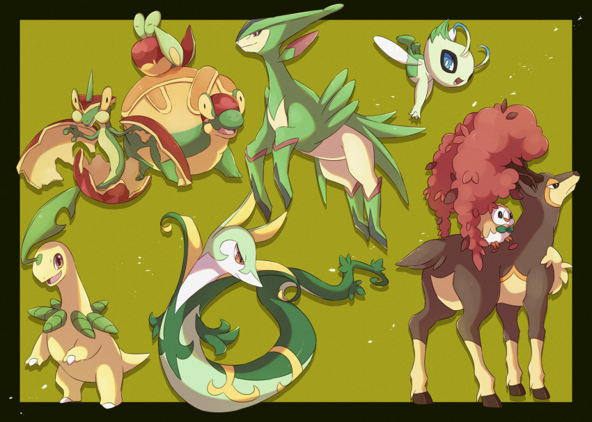 :d appletun applin bayleef black_border black_eyes blue_eyes border bright_pupils brown_eyes celebi closed_mouth commentary_request flapple gen_2_pokemon gen_5_pokemon gen_7_pokemon gen_8_pokemon green_background highres kechon-san legendary_pokemon looking_at_viewer mythical_pokemon nintendo no_humans open_mouth pokemon pokemon_(creature) riding riding_pokemon rowlet sawsbuck serperior sitting smile virizion white_pupils