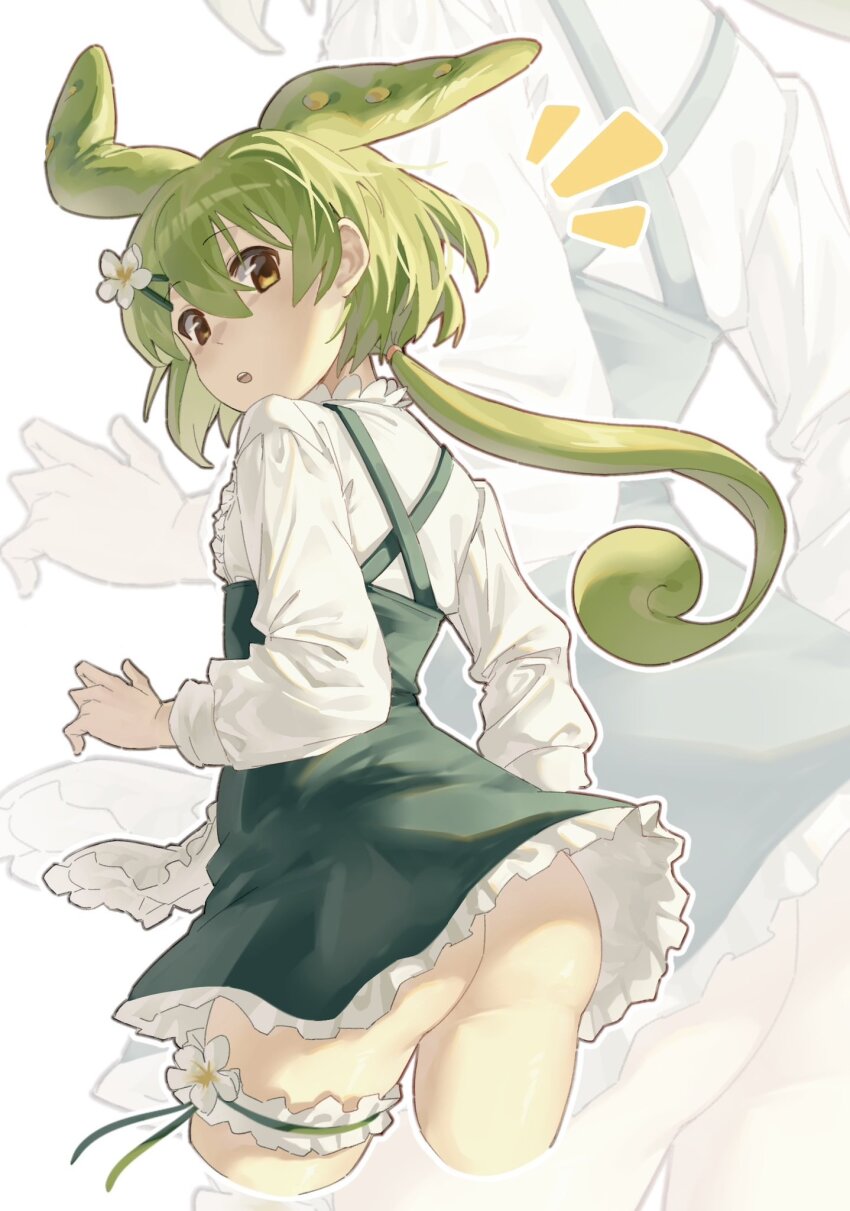 1girl apron ass brown_eyes dress flower frilled_thigh_strap hair_flower hair_ornament highres long_hair looking_at_viewer looking_back low_ponytail no_panties ponytail solo tazaki_yokka thigh_strap voicevox waitress waitress_zundamon zoom_layer zundamon