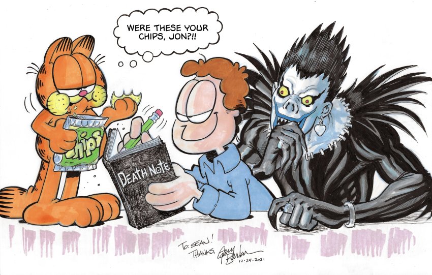2boys absurdres animal_ears black_hair book brown_hair cat cat_ears cat_tail collarbone commentary crossover dated death_note death_note_(object) eating english_commentary english_text garfield garfield_(character) gary_barker hair_behind_ear highres holding holding_book holding_pencil jon_arbuckle marker_(medium) multiple_boys pencil ryuk shinigami signature smile speech_bubble standing tail thought_bubble traditional_media what whiskers white_background