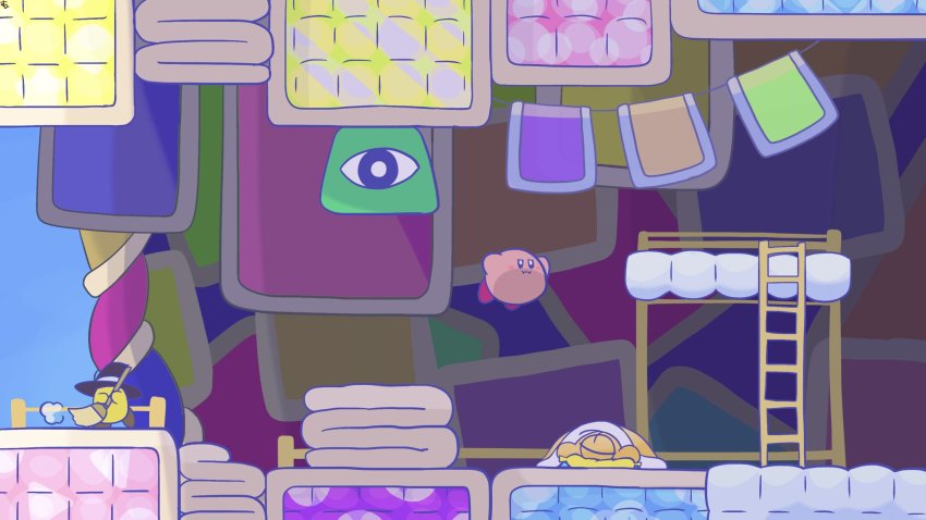 bad_id bad_twitter_id broom_hatter floating futon hat highres i3_(kirby) kirby kirby_(series) ladder nintendo no_humans sleeping suyabi_(subikabi1426zoy) sweeping waddle_doo witch_hat