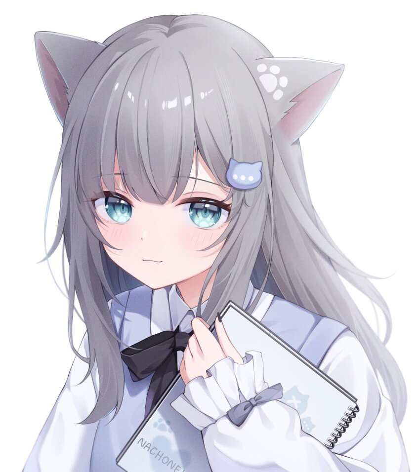 1girl animal_ears black_bow black_bowtie black_nails blue_eyes blush book bow bowtie furrowed_brow grey_hair hair_between_eyes hair_ornament highres holding holding_book holding_to_chest indie_virtual_youtuber light_smile looking_at_viewer nachoneko notebook paw_print shinshia_(sinsia_0928) sidelocks solo virtual_youtuber white_background