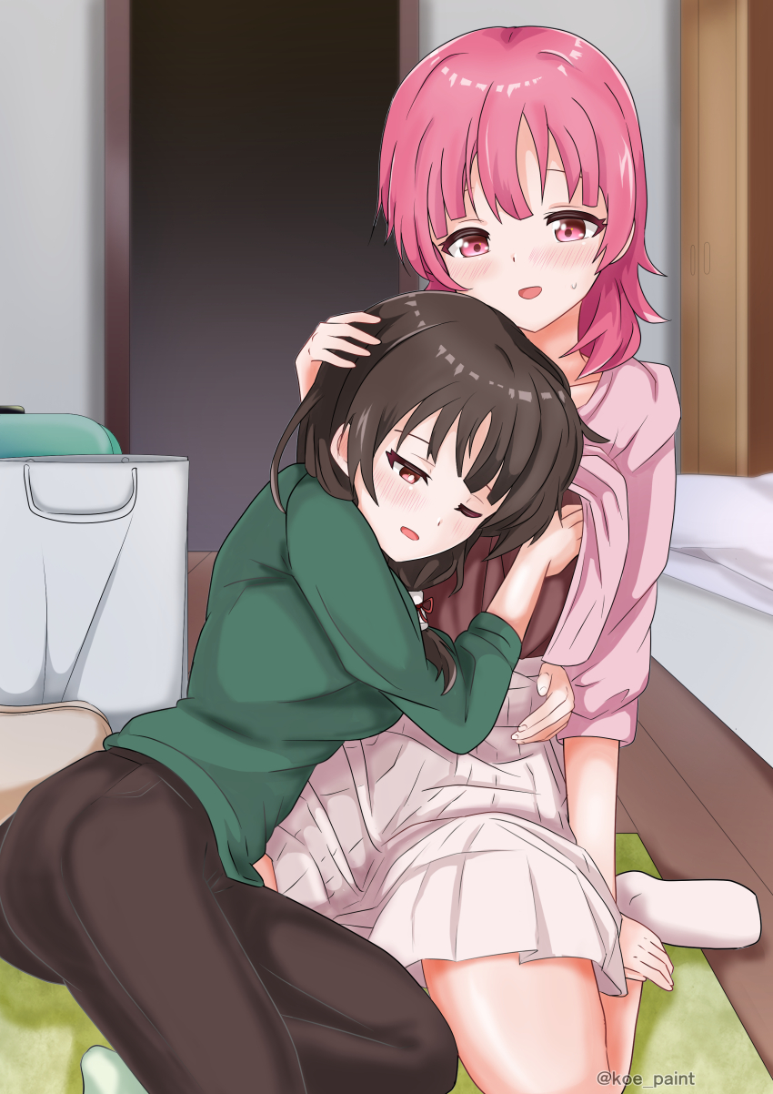2girls absurdres asumi-chan_wa_rezu_fuuzoku_ni_kyoumi_ga_arimasu! blush brown_hair brown_pants clothes_lift commentary_request grabbing_another&#039;s_breast green_shirt groping hand_on_another&#039;s_head highres indoors koe-paint kusumoto_asumi long_hair long_sleeves multiple_girls on_floor one_eye_closed ookura_nanao pants pink_eyes pink_hair pink_shirt pink_skirt pleated_skirt shirt shirt_lift skirt textless_version yuri