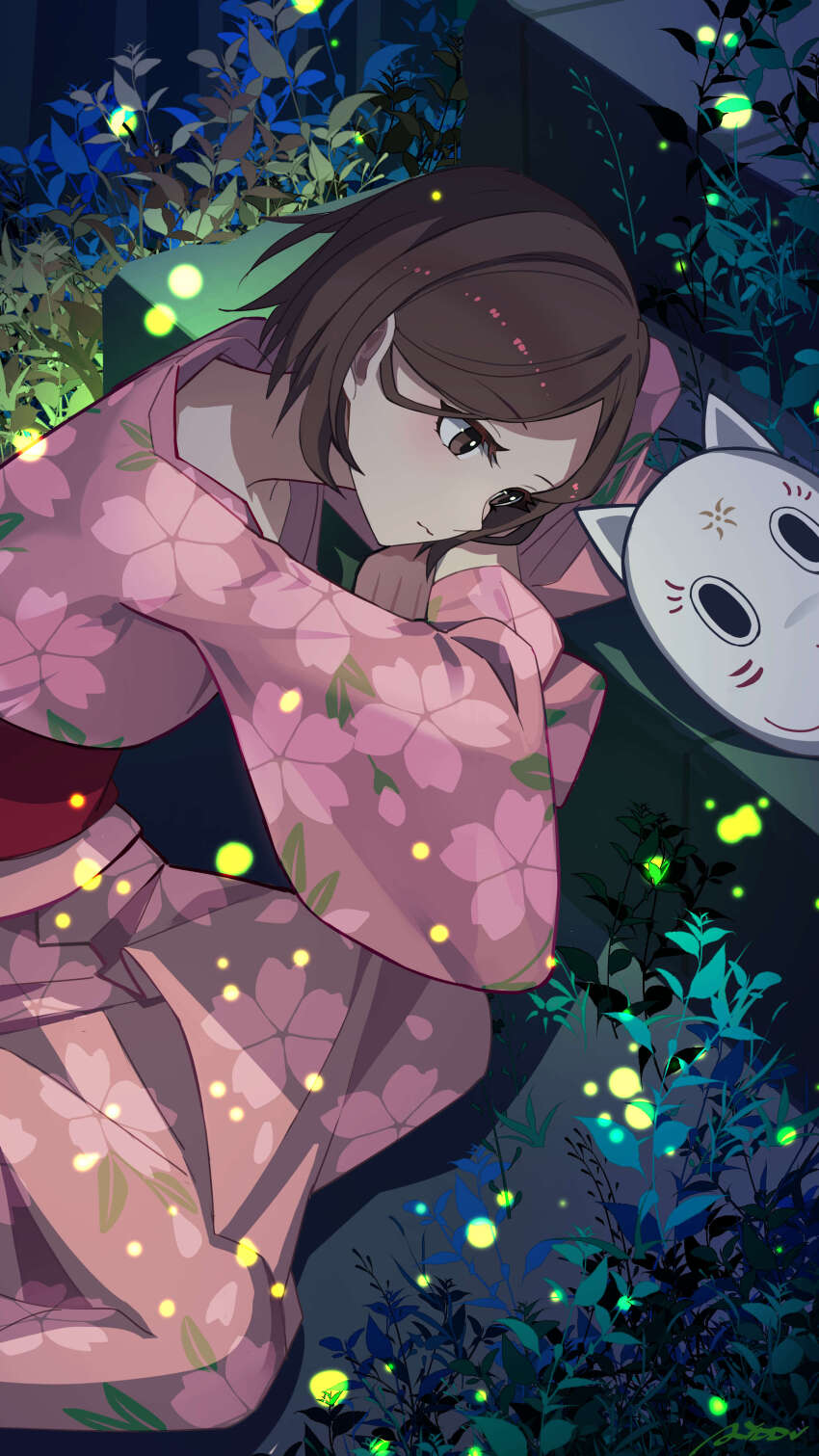 1girl absurdres ai_dongdong breasts brown_eyes brown_hair fireflies floral_print fox_mask highres hotarubi_no_mori_e japanese_clothes kimono long_sleeves looking_at_object mask medium_hair night obi outdoors pink_kimono print_kimono sash small_breasts solo takegawa_hotaru wide_sleeves