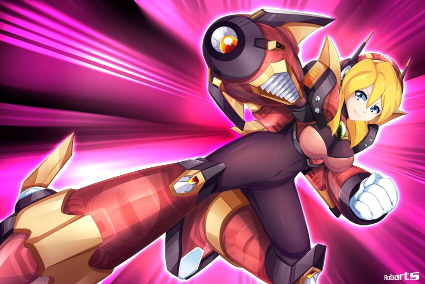 1girl arm_cannon armor artist_name axasempai black_bodysuit blonde_hair blue_eyes bodysuit boots breasts commentary cosplay covered_navel english_commentary hair_between_eyes helmet highres mechanical_wings medium_breasts medium_hair mega_man_(series) mega_man_x_(series) pink_background pink_boots pink_headwear red_armor solo ultimate_armor_x_(mega_man) ultimate_armor_x_(mega_man)_(cosplay) weapon wings x_(mega_man)