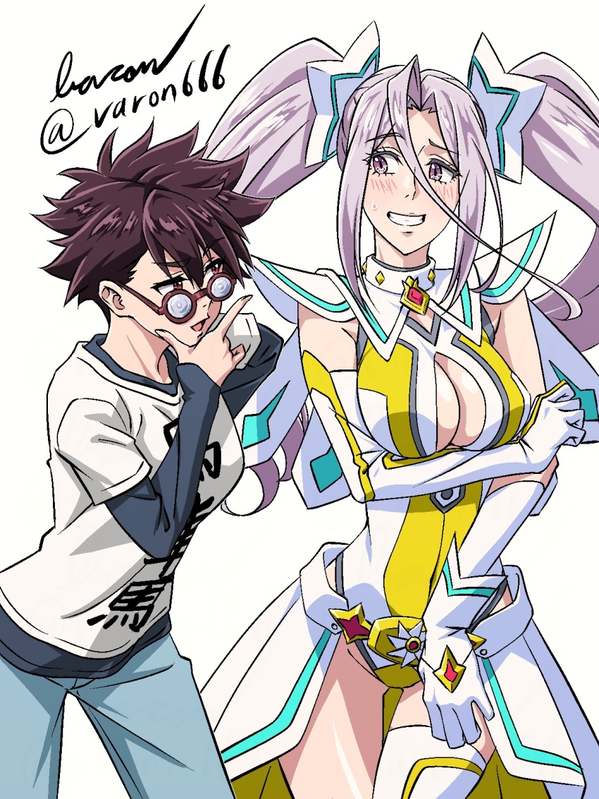 1girl 2girls baron_(varon666) breasts cleavage fuuto_tantei highres large_breasts long_hair multiple_girls purple_eyes purple_hair tokime_(fuuto_tantei) twintails varon