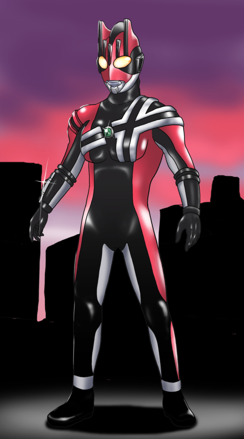 1boy a-pose alien black_gloves black_skin cityscape color_timer colored_skin commentary_request crossover dusk full_body fusion giant_of_light gloves highres kamen_rider kamen_rider_dcd kamen_rider_decade looking_ahead male_focus red_skin shadow silver_skin sparkle standing takaya_n tokusatsu ultra_series ultraman ultraman_(1st_series) yellow_eyes