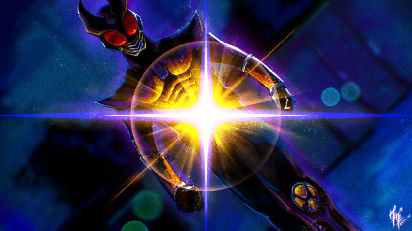 1boy altering_(agito) armor blurry bokeh breastplate commentary compound_eyes depth_of_field dutch_angle english_commentary gauntlets glowing glowing_eyes gold_armor gold_horns highres kamen_rider kamen_rider_agito kamen_rider_agito_(series) knee_armor male_focus red_eyes rider_belt shoulder_armor signature solo sparkle standing tokusatsu zagizagi