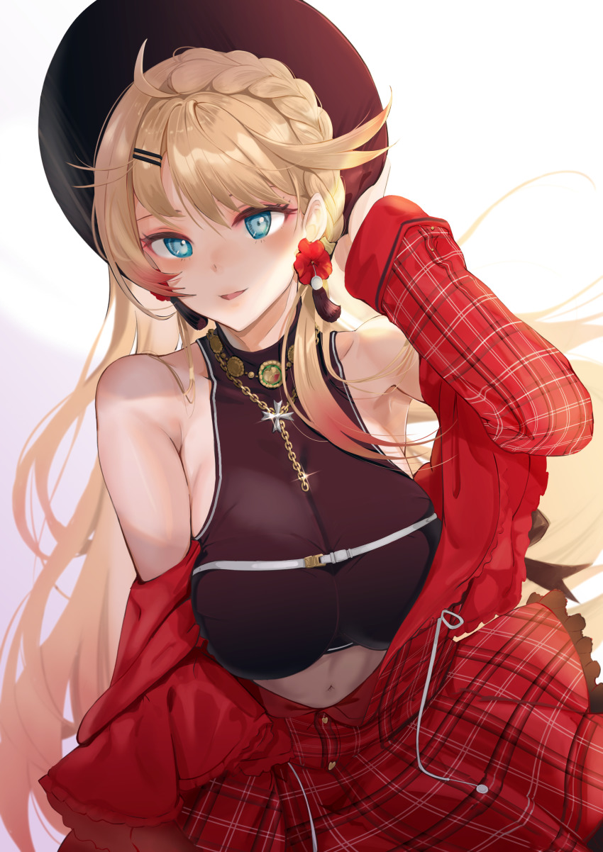 1girl absurdres armpits azur_lane bare_shoulders black_hat black_tank_top blonde_hair blue_eyes blush braid breasts colored_tips commentary crop_top dress earrings flower_earrings hair_behind_ear hair_ornament hairclip hand_in_own_hair hand_on_headwear hat highres howe_(azur_lane) howe_(noble_rouge)_(azur_lane) jewelry large_breasts leaf long_hair looking_at_viewer multicolored_hair navel necklace official_alternate_costume open_mouth plaid_clothes plaid_dress red_dress red_skirt sankyo_(821-scoville) skirt smile solo tank_top white_background