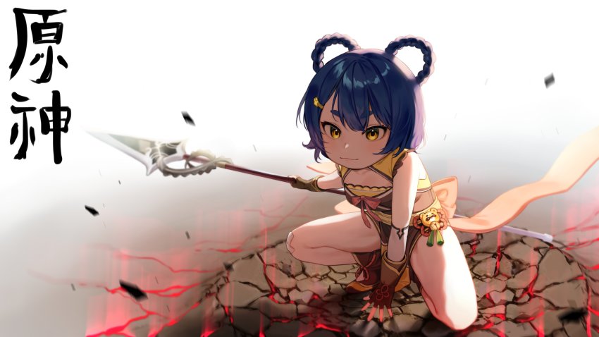 1girl :3 absurdres bandaid bandaid_on_knee bandaid_on_leg blue_hair braid braided_hair_rings breasts commentary_request crack cracked_floor fingerless_gloves genshin_impact gloves glowing_cracks guoba_(genshin_impact) hair_rings highres looking_at_viewer polearm short_hair sleeveless small_breasts solo spear superhero_landing thick_eyebrows translated useq1067 weapon xiangling_(genshin_impact) yellow_eyes