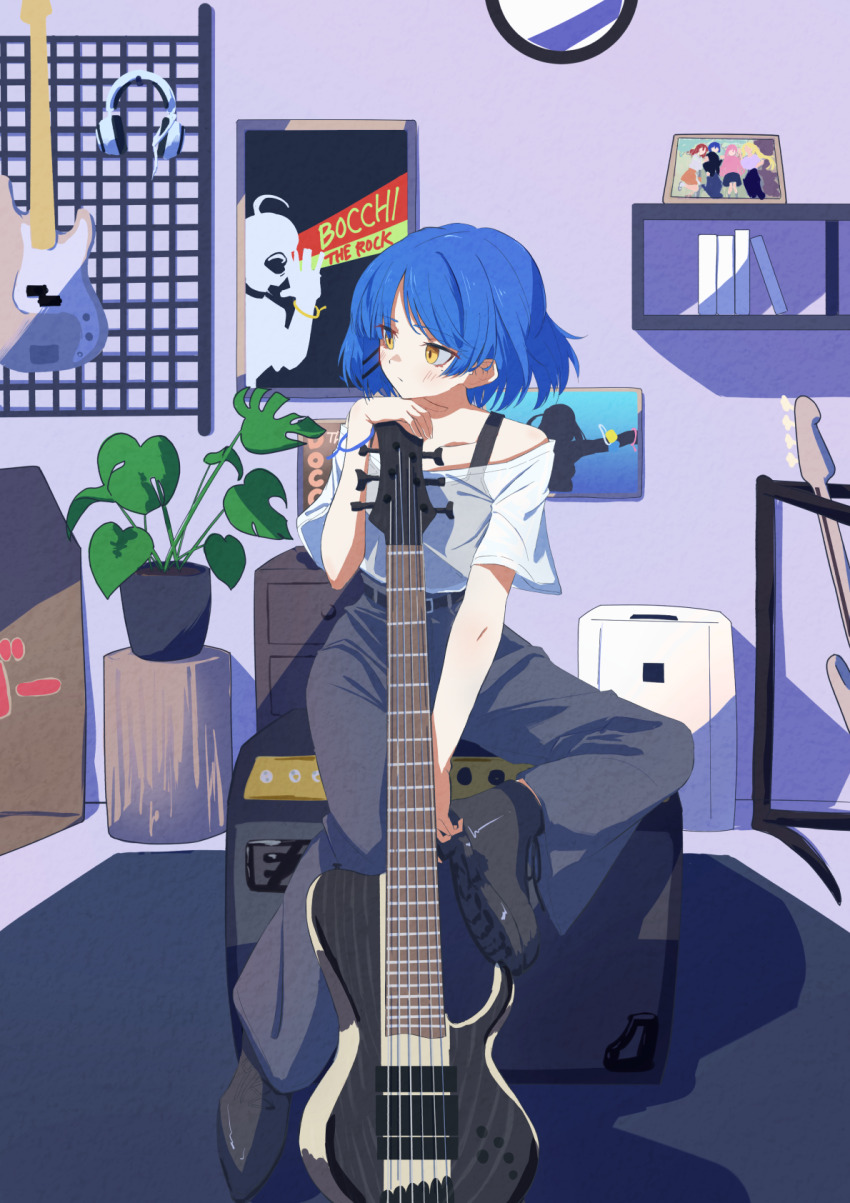 1girl 6-string_bass_guitar ahoge album_cover album_cover_redraw amplifier bass_guitar black_boots black_shoes black_tank_top blue_hair bocchi_the_rock! bookshelf boots commentary_request cover derivative_work extended_range_bass_guitar fender_precision_bass franz_ferdinand_(band) fretless_bass_guitar fretless_instrument full_body grey_pants hand_up head_rest headphones headphones_removed highres ibanez_btb866sc indoors instrument kessoku_band lamune_otohara nevermind nirvana_(band) no_strings open_mouth pants parody picture_frame plant potted_plant shirt shoes short_hair sitting sitting_on_object solo tank_top white_shirt yamada_ryo yellow_eyes