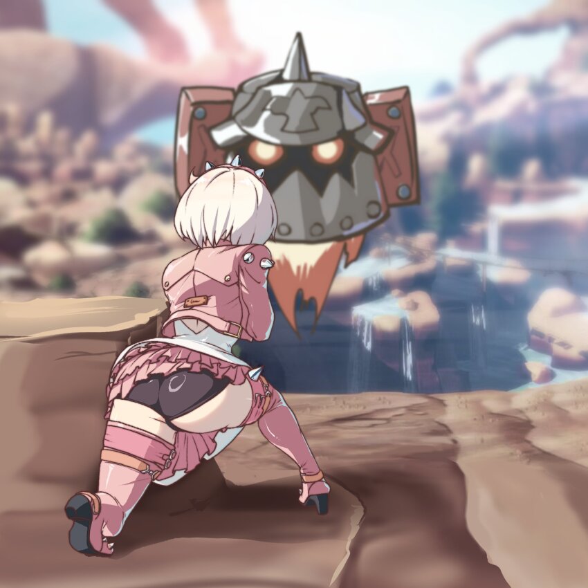 1boy 1girl ahoge ass black_dress bob_cut boots dress elphelt_valentine glowing glowing_eyes goddess_of_victory:_nikke guilty_gear guilty_gear_strive hairband highres huge_ahoge kkiblue meme nikke&#039;s_shooting_pose_(meme) on_one_knee pink_boots pink_hairband potemkin_(guilty_gear) short_dress short_hair shorts_under_dress spiked_hairband spiked_helmet spiked_jacket spiked_legwear_garter spiked_thighlet spikes thigh_boots white_hair