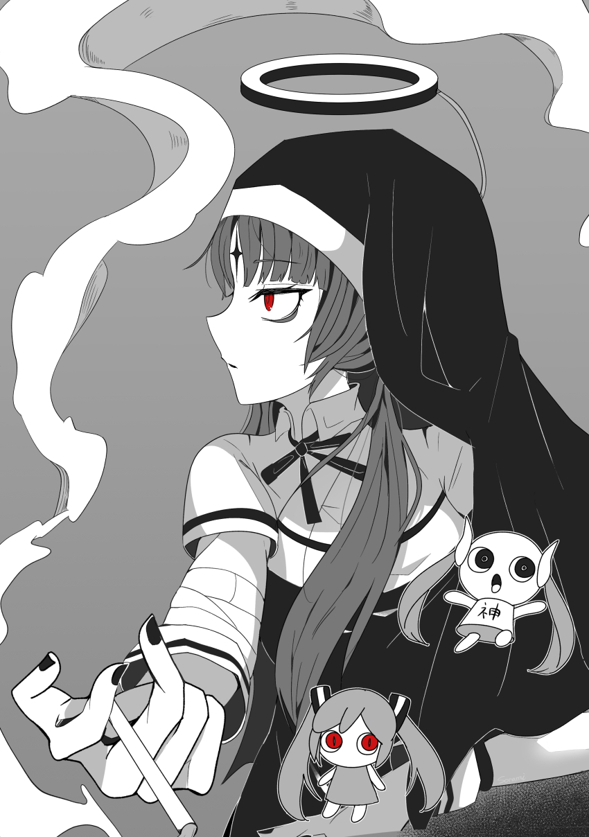 1girl absurdres aimaina bandaged_wrist bandages cigarette collared_shirt doushite-chan habit halo hatsune_miku highres holding holding_cigarette kamippoina_(vocaloid) looking_to_the_side low_twintails nail_polish neck_ribbon profile red_eyes ribbon shirt short_sleeves smoke sorami spot_color twintails vocaloid wrist_cuffs