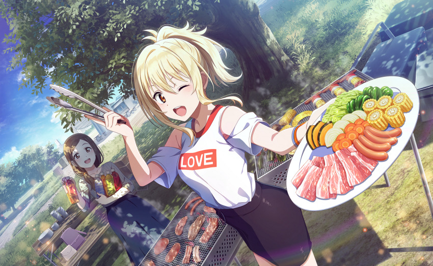 2girls bag bare_shoulders bell_pepper blonde_hair blue_skirt blue_sky blush bottle breasts brown_eyes brown_hair building cabbage carrot cloud collarbone cooking corn cowboy_shot cup dappled_sunlight day detached_sleeves disposable_cup dutch_angle food grass grill grilling hand_up highres holding holding_bottle holding_plate holding_tongs kawamoto_misato lens_flare long_hair looking_at_viewer love_live! love_live!_nijigasaki_high_school_idol_club love_live!_school_idol_festival_2 low_side_ponytail meat medium_breasts medium_hair miniskirt miyashita_ai multiple_girls official_art one_eye_closed onion onion_slice open_mouth orange_eyes outdoors parted_bangs plastic_bottle plate ponytail print_shirt pumpkin rainbow raw_meat sausage shirt short_sleeves sidelocks skirt sky smile smoke standing sunlight table teeth tongs tree upper_teeth_only vegetable white_shirt wooden_chair wooden_table