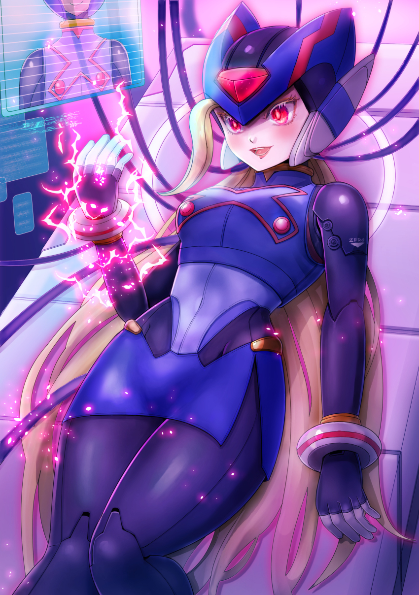 1girl absurdres alternate_color android armor bliss_zero_(mega_man) blonde_hair blue_armor blue_helmet breasts cable commentary_request commission copy_x_(mega_man) corruption dark_persona forehead_jewel genderswap genderswap_(mtf) glowing helmet highres holographic_interface kiwakiwa large_breasts long_hair mega_man_(series) mega_man_zero_(series) mind_control miniskirt open_mouth pink_lips pixiv_commission red_eyes robot_girl skirt solo svc_chaos teeth tongue zero(z)_(mega_man) zero_(mega_man)
