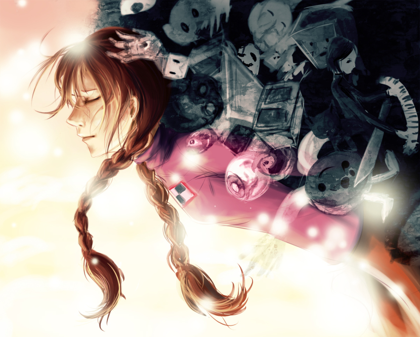 1girl braid brown_hair long_hair madotsuki pink_shirt poniko sekomumasada_sensei shirt twin_braids uboa un.i_(protorc) yume_nikki