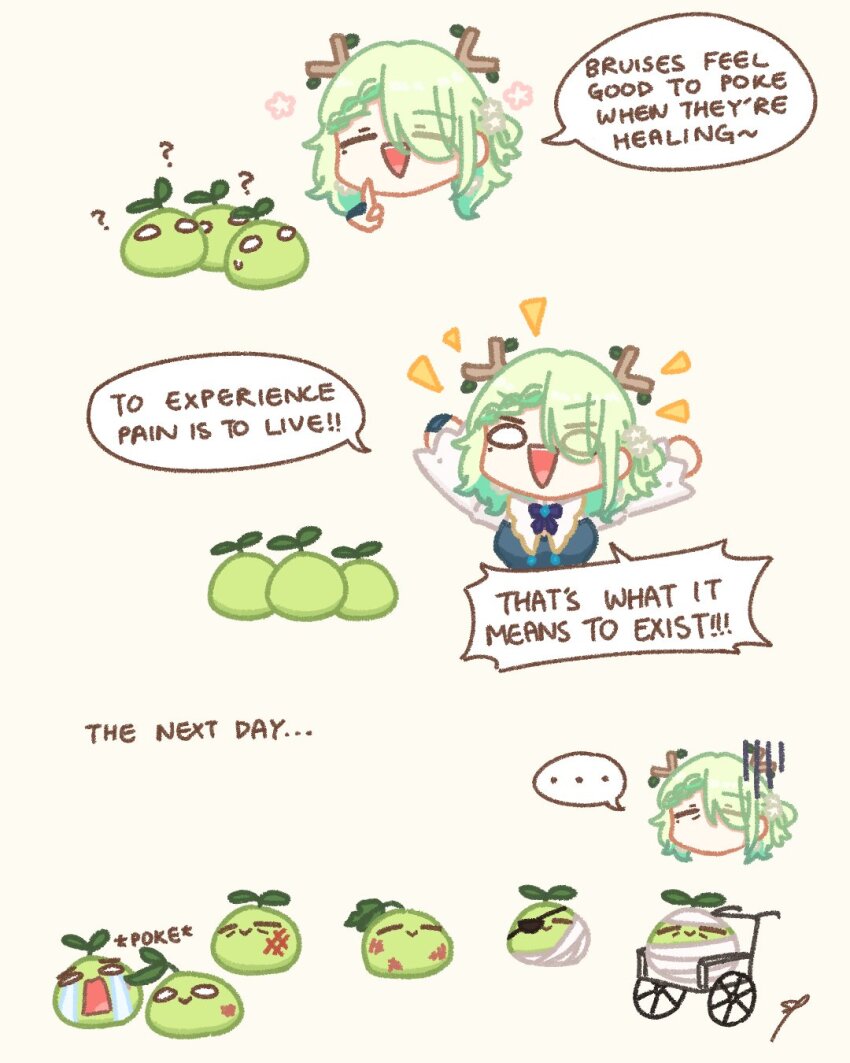 1girl :&gt; =_= ? ^_^ arms_up bandages branch ceres_fauna ceres_fauna_(1st_costume) closed_eyes english_text eyepatch gloom_(expression) green_hair hair_over_one_eye highres hololive hololive_english injury long_hair mole mole_under_eye open_mouth sapling_(ceres_fauna) sappysque smile tears virtual_youtuber wheelchair