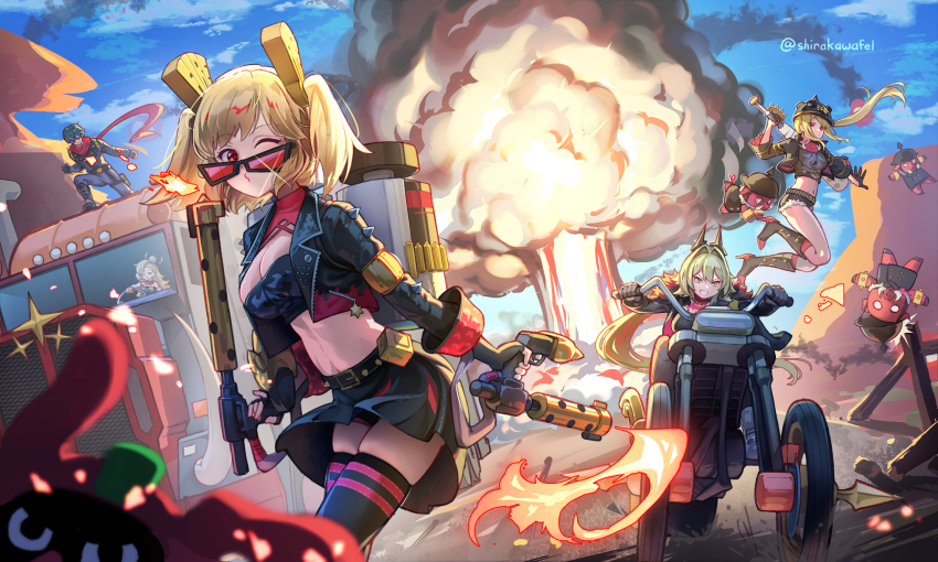 1boy 4girls bangboo_(zenless_zone_zero) black_jacket blonde_hair burnice_white caesar_king_(zenless_zone_zero) crop_top explosion flamethrower green_hair highres jacket lighter_(zenless_zone_zero) luciana_de_montefio motor_vehicle motorcycle multiple_girls mushroom_cloud navel piper_wheel red_eyes sand_dune shirakawafel sky smoke solo_focus sunglasses truck twintails weapon zenless_zone_zero