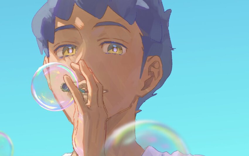 1boy blurry blurry_foreground bubble bubble_wand creatures_(company) dark-skinned_male dark_skin day game_freak hand_up holding hop_(pokemon) looking_at_viewer looking_down male_focus nintendo outdoors pokemon pokemon_swsh protected_link purple_hair sankaku shirt short_hair solo yellow_eyes