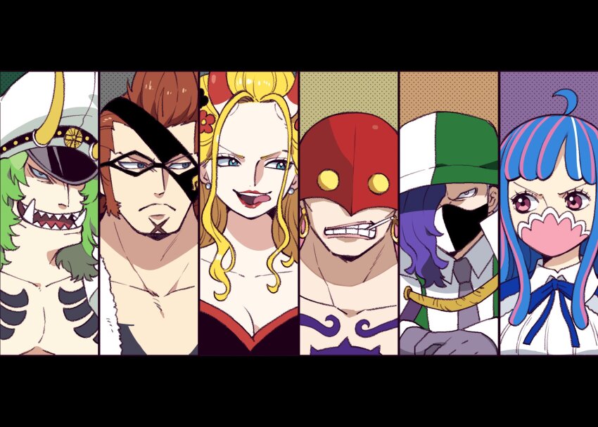 2girls 4boys ahoge black_maria_(one_piece) blonde_hair blue_hair blunt_bangs brother_and_sister chest_tattoo commentary_request earrings eye_mask green_hair hair_over_one_eye hat highres horns ikuchi_osutega japanese_clothes jewelry kimono long_hair looking_to_the_side mask mouth_mask multiple_boys multiple_girls one_piece page_one_(one_piece) pink_eyes purple_hair sasaki_(one_piece) scar scar_on_chin scar_on_face sharp_teeth siblings sidelocks smile tattoo teeth ulti_(one_piece) who&#039;s_who_(one_piece) x_drake