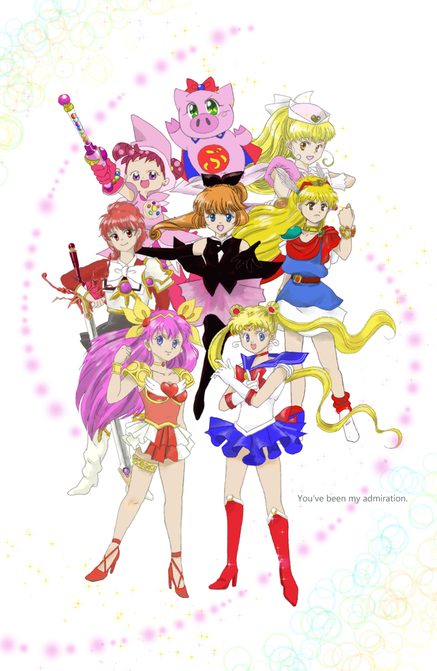 ai_tenshi_densetsu_wedding_peach akazukin_chacha bishoujo_senshi_sailor_moon blouse boots crossover english_text high_heel_boots high_heels highres kaitou_saint_tail magic_knight_rayearth magical_girl nurse_angel_ririka_sos ojamajo_doremi red_shirt sailor_moon shirt tonde_buurin wedding_peach