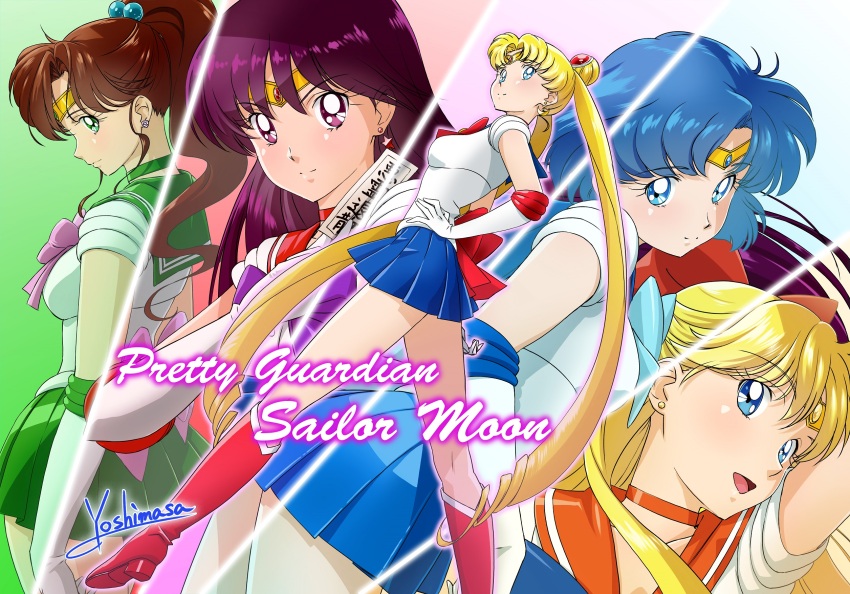 5girls aino_minako arm_up artist_name bishoujo_senshi_sailor_moon black_hair blonde_hair blue_bow blue_eyes blue_hair blue_sailor_collar blue_skirt boots bow breasts brown_hair choker circlet closed_mouth commentary copyright_name crescent crescent_earrings double_bun earrings elbow_gloves gloves green_choker green_sailor_collar green_skirt hair_bun hair_ornament hand_on_own_hip hand_up highres hino_rei holding_ofuda inner_senshi jewelry kino_makoto knee_boots long_hair looking_at_viewer looking_back magical_girl medium_breasts miniskirt mizuno_ami multiple_girls ofuda open_mouth orange_choker orange_sailor_collar pink_bow pleated_skirt ponytail purple_bow red_boots red_bow red_choker red_sailor_collar sailor_collar sailor_jupiter sailor_mars sailor_mercury sailor_moon sailor_senshi_uniform sailor_venus shirt short_hair signature skirt smile standing star_(symbol) star_earrings stud_earrings tsukino_usagi twintails very_long_hair white_gloves white_shirt yoshinaga_masahiro